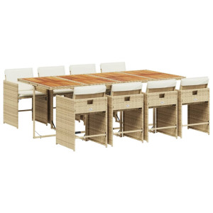 9 pcs conjunto de jantar p/ jardim com almofadões vime PE bege H