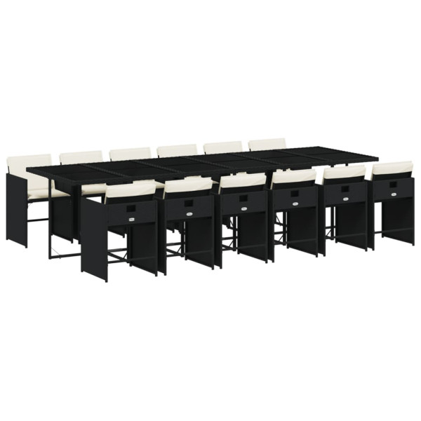 Set comedor de jardín con cojines 13 pzas ratán sintético negro M 2