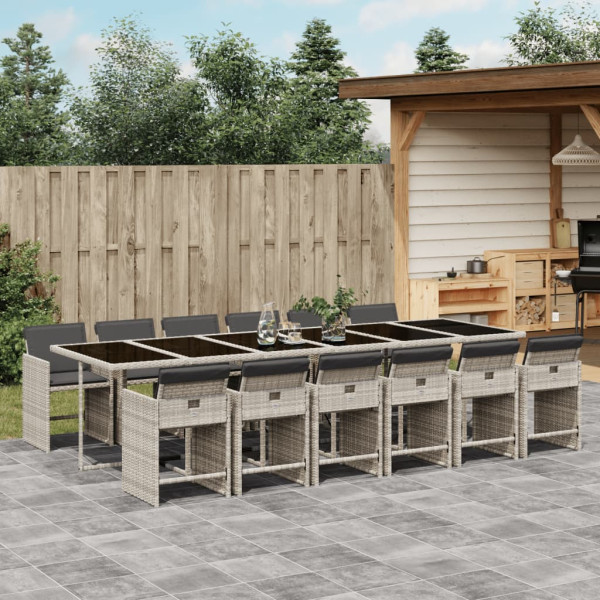 13 pcs conj. jantar jardim c/ almofadões vime PE cinzento-claro D