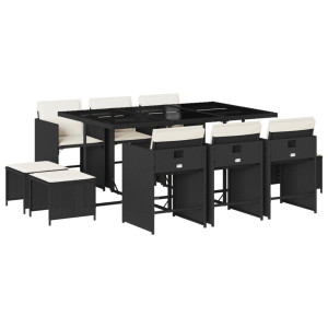 11 pcs conjunto de jantar p/ jardim c/ almofadões vime PE preto H