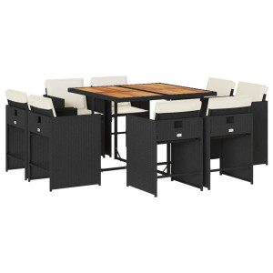 9 pcs conjunto de jantar p/ jardim c/ almofadões vime PE preto H