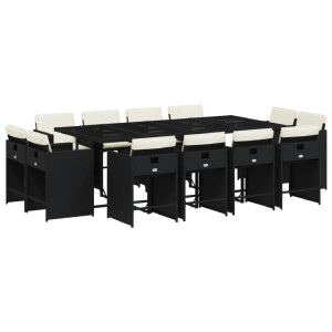 13 pcs conjunto de jantar p/jardim com almofadões vime PE preto H
