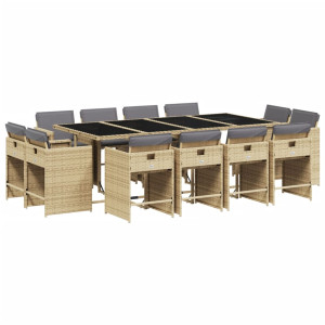 Set comedor de jardín con cojines 13 pzas ratán sintético beige H