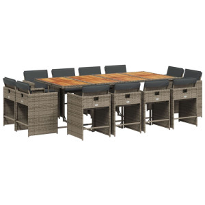 Set comedor de jardín con cojines 13 pzas ratán sintético gris H