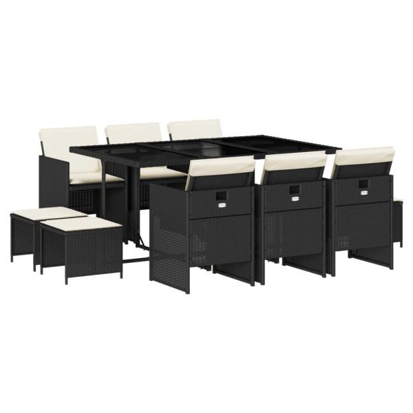 11 pcs conjunto de jantar p/ jardim c/ almofadões vime PE preto M 2