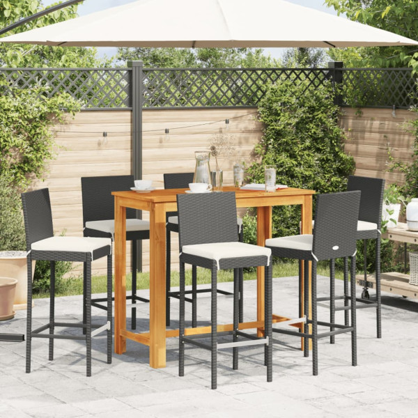 7 pcs conjunto de bar para jardim vime PE/acácia maciça preto M 3