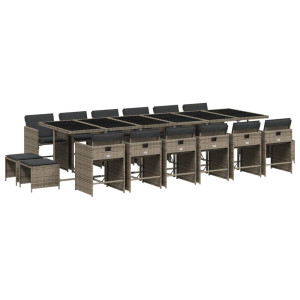 17 pcs conj. de jantar p/ jardim c/ almofadões vime PE cinzento H