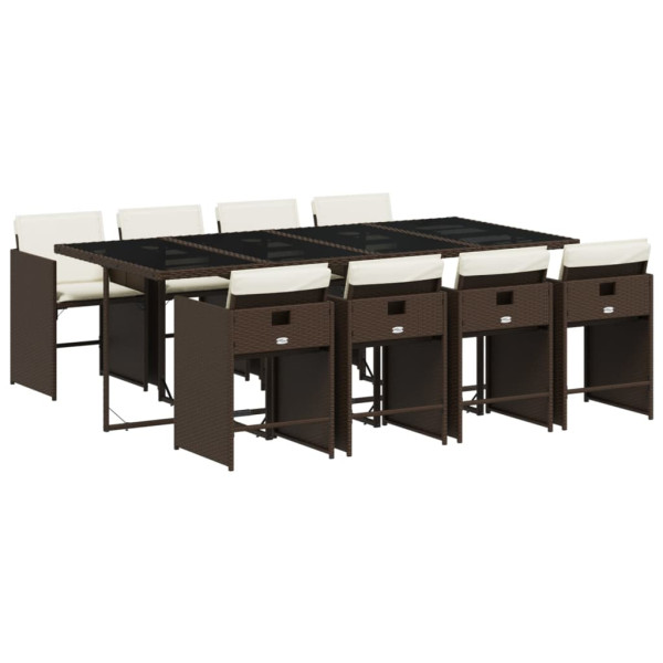 Set comedor para jardín 9 pzas y cojines ratán sintético marrón M 2