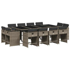 13 pcs conjunto jantar p/ jardim c/ almofadões vime PE cinzento H