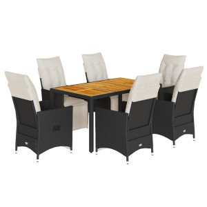 7 pcs conjunto de jantar p/ jardim c/ almofadões vime PE preto H