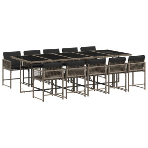 11 pcs conjunto jantar p/ jardim c/ almofadões vime PE cinzento H
