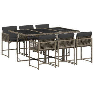 7 pcs conjunto de jantar p/ jardim c/ almofadões vime PE cinza H