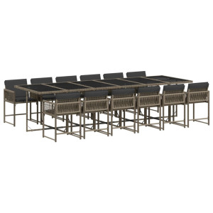 13 pcs conjunto jantar p/ jardim c/ almofadões vime PE cinzento H