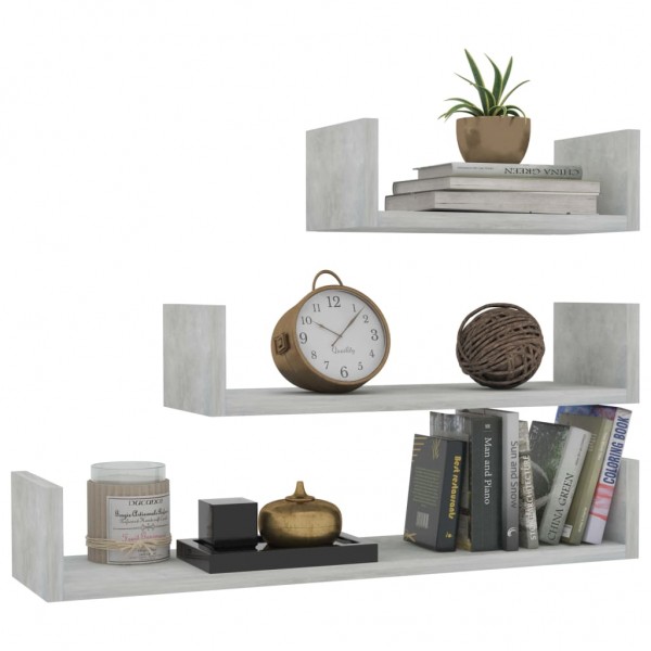 Estantes de pared 3 piezas madera contrachapada gris hormigón D