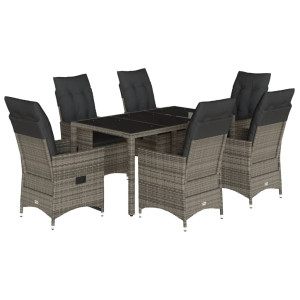 7 pcs conjunto de jantar p/ jardim c/ almofadões vime PE cinza H