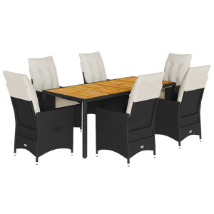 7 pcs conjunto de jantar p/ jardim c/ almofadões vime PE preto H