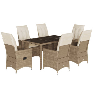 7 pcs conjunto de jantar p/ jardim com almofadões vime PE bege H