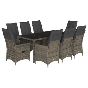 9 pcs conjunto de jantar p/ jardim c/ almofadões vime PE cinza H