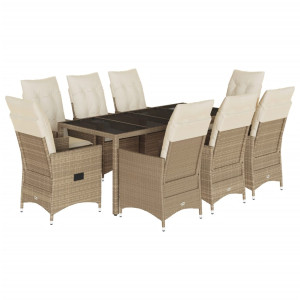 9 pcs conjunto de jantar p/ jardim com almofadões vime PE bege H