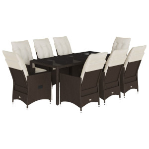 9 pcs conjunto jantar p/ jardim c/ almofadões vime PE castanho H