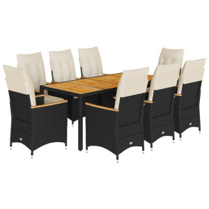 9 pcs conjunto de jantar p/ jardim c/ almofadões vime PE preto H