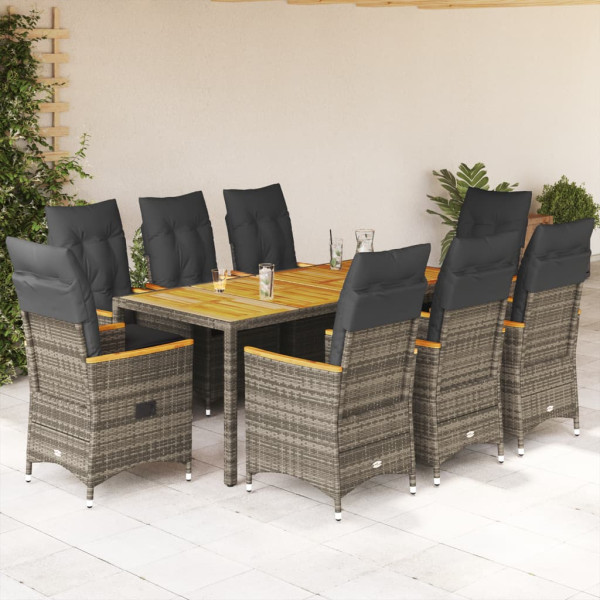 Set comedor jardín 9 pzas y cojines ratán sintético gris D