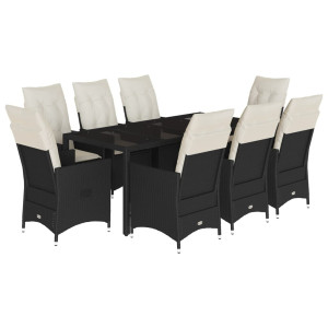 9 pcs conjunto de jantar p/ jardim c/ almofadões vime PE preto H