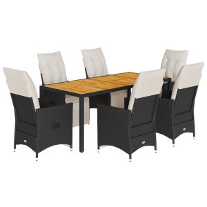7 pcs conjunto de jantar p/ jardim c/ almofadões vime PE preto H