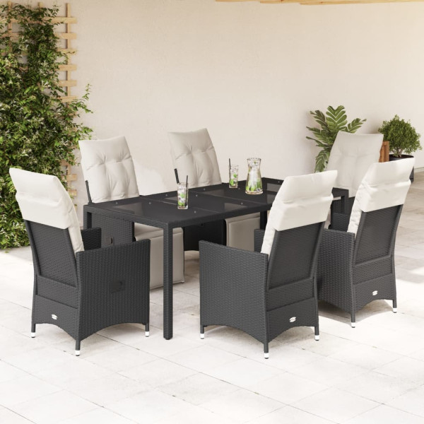 7 pcs conjunto de jantar p/ jardim c/ almofadões vime PE preto D