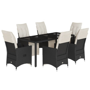 7 pcs conjunto de jantar p/ jardim c/ almofadões vime PE preto H