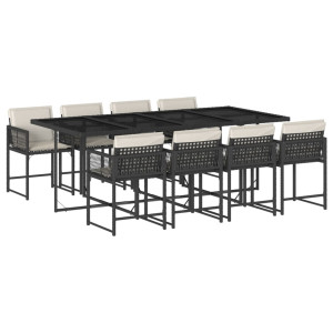 9 pcs conjunto de jantar p/ jardim c/ almofadões vime PE preto H