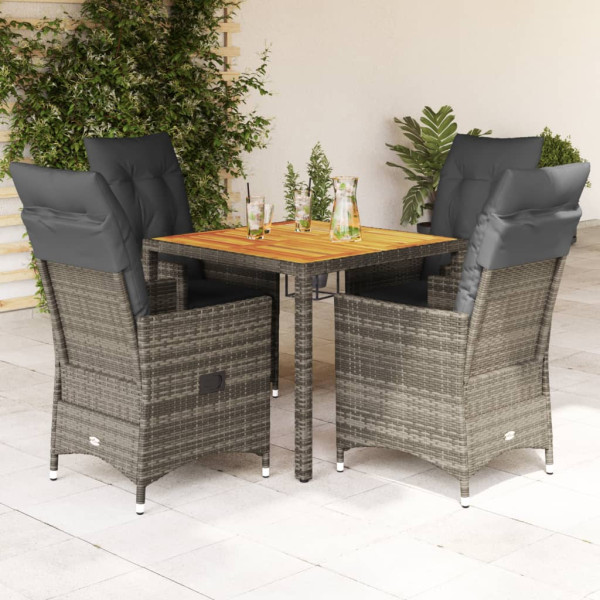 Set comedor de jardín 5 piezas con cojines ratán sintético gris D