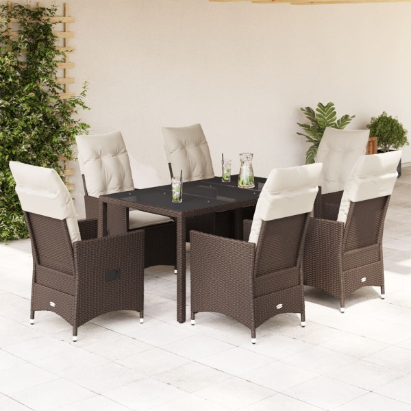 Set comedor de jardín 7 pzas con cojines ratán sintético marrón D