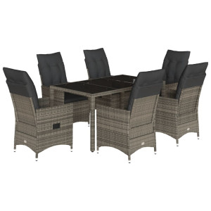 7 pcs conjunto de jantar p/ jardim c/ almofadões vime PE cinza H