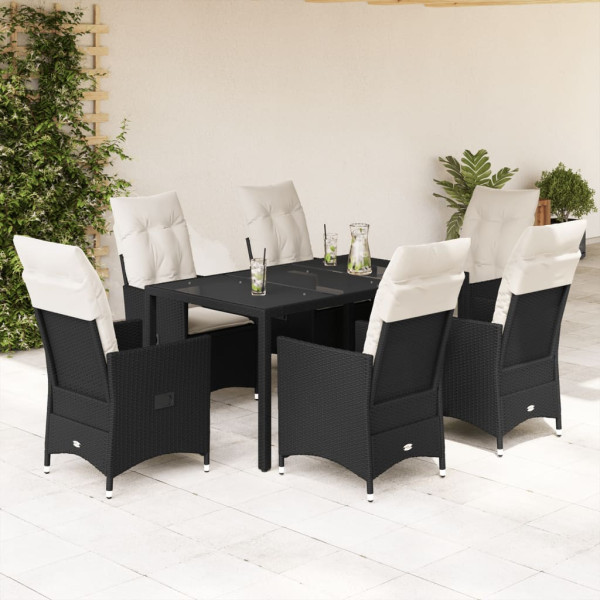 7 pcs conjunto de jantar p/ jardim c/ almofadões vime PE preto D