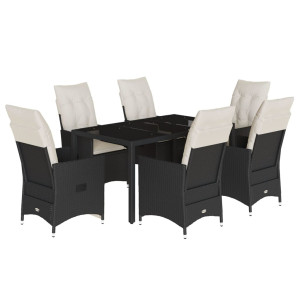 7 pcs conjunto de jantar p/ jardim c/ almofadões vime PE preto H
