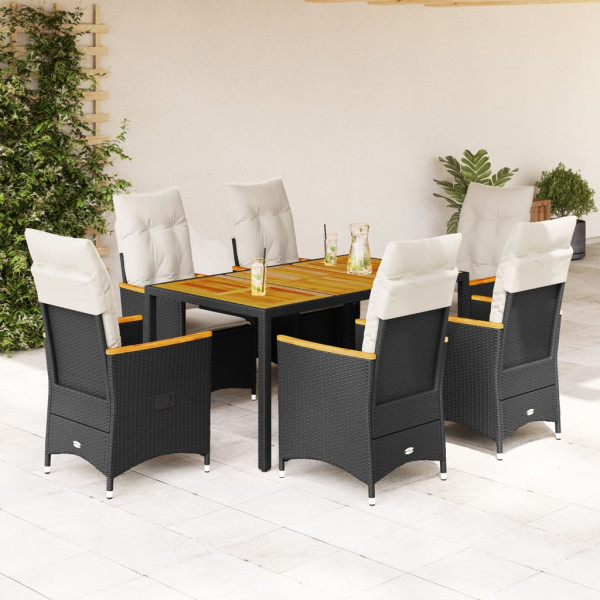 7 pcs conjunto de jantar p/ jardim c/ almofadões vime PE preto D