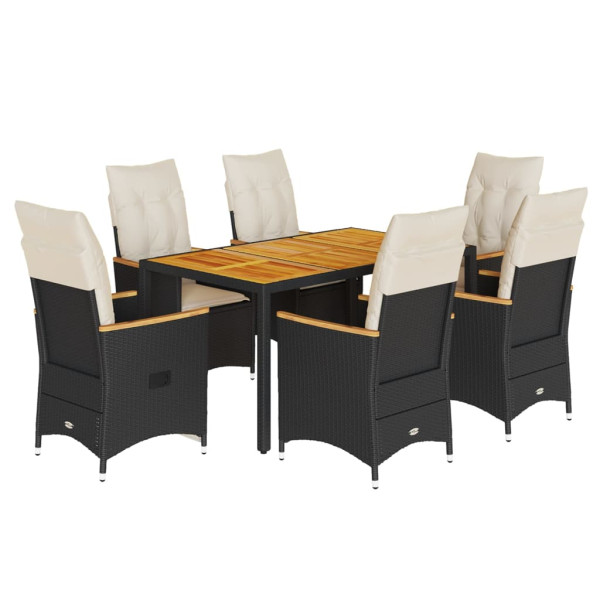 7 pcs conjunto de jantar p/ jardim c/ almofadões vime PE preto M 2