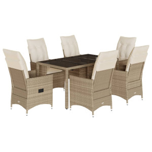 7 pcs conjunto de jantar p/ jardim com almofadões vime PE bege H
