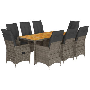 9 pcs conjunto de jantar p/ jardim c/ almofadões vime PE cinza H