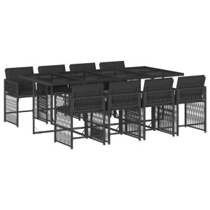 9 pcs conjunto de jantar p/ jardim c/ almofadões vime PE preto H