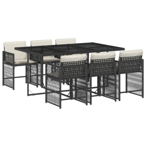 7 pcs conjunto de jantar p/ jardim c/ almofadões vime PE preto H