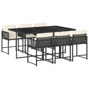 7 pcs conjunto de jantar p/ jardim c/ almofadões vime PE preto H