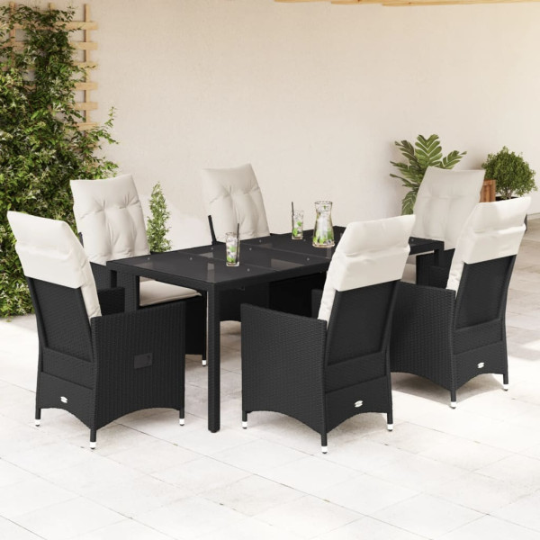 7 pcs conjunto de jantar p/ jardim c/ almofadões vime PE preto D