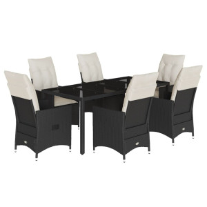 7 pcs conjunto de jantar p/ jardim c/ almofadões vime PE preto H