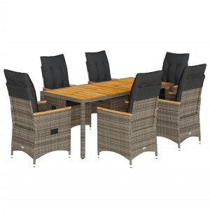 7 pcs conjunto de jantar p/ jardim c/ almofadões vime PE cinza H