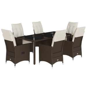 7 pcs conjunto jantar p/ jardim c/ almofadões vime PE castanho H