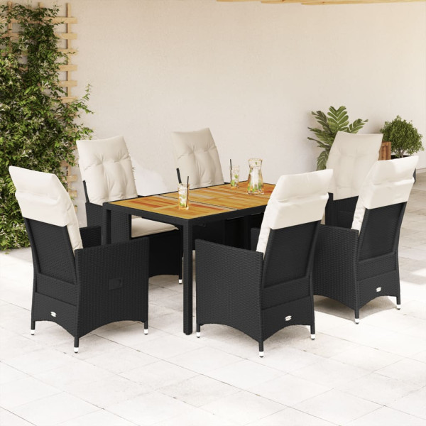 7 pcs conjunto de jantar p/ jardim c/ almofadões vime PE preto D
