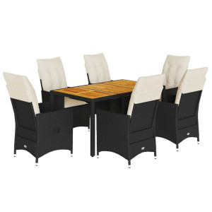 7 pcs conjunto de jantar p/ jardim c/ almofadões vime PE preto H