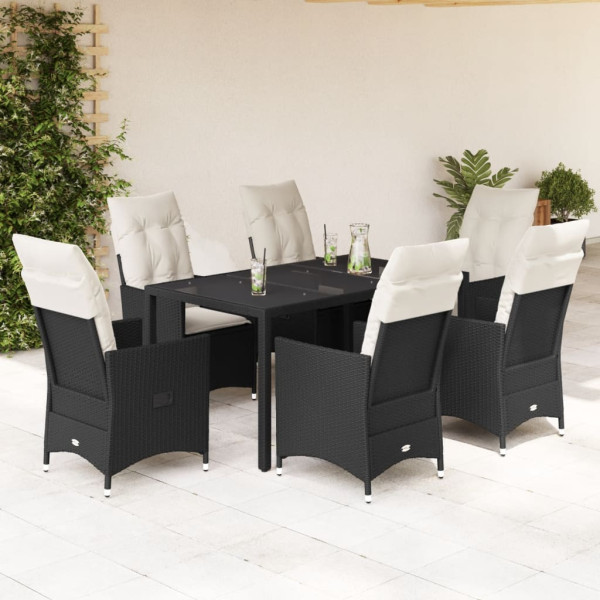 7 pcs conjunto de jantar p/ jardim c/ almofadões vime PE preto D